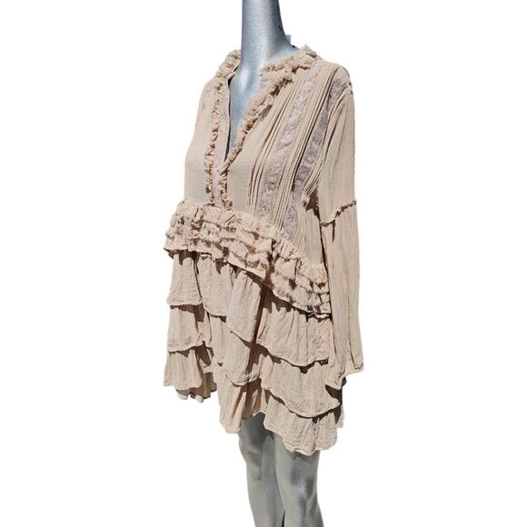 Summer of Love Beige Tiered Long Sleeve Bohemian  Neutral Mini Dress - Picture 1 of 13
